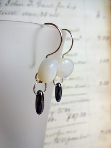 Vintage Button Earrings, Mother of Pearl Buttons, MOP Earrings, Gunmetal Hematite Dagger Beads, Hand Made Silver Ear Wires, SparkJoy, MPE148