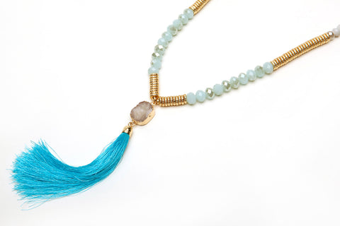 Beaded Druzy Tassel Necklace, Gold Aqua Blue Raw Quart Druzy Tassel Beaded Necklace, Y necklace, Druzy Necklace