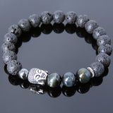 Men's Women Lava Rock Brown Blue Tiger Eye Hematite Tibetan Silver Bracelet Sakyamuni Buddha Yoga Mala DiyNotion Handmade T204