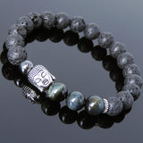 Men's Women Lava Rock Brown Blue Tiger Eye Hematite Tibetan Silver Bracelet Sakyamuni Buddha Yoga Mala DiyNotion Handmade T204