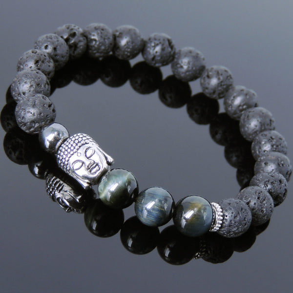 Men's Women Lava Rock Brown Blue Tiger Eye Hematite Tibetan Silver Bracelet Sakyamuni Buddha Yoga Mala DiyNotion Handmade T204