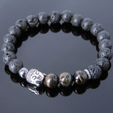 Men's Women Lava Rock Mixed Blue Tiger Eye Hematite Tibetan Silver Bracelet Sakyamuni Buddha Yoga Mala DiyNotion Handmade T205