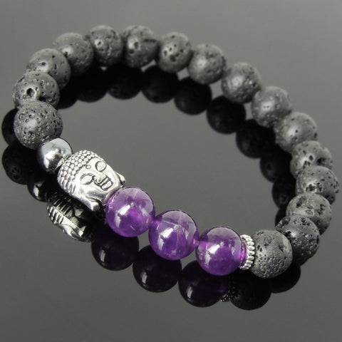 Men's Women Lava Rock Amethyst Hematite Tibetan Silver Bracelet Sakyamuni Buddha Yoga Mala DiyNotion Handmade T207