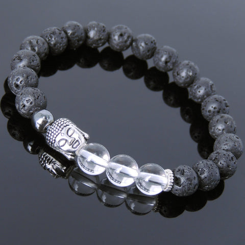 Men's Women Lava Rock White Crystal Hematite Tibetan Silver Bracelet Sakyamuni Buddha Yoga Mala DiyNotion Handmade T208