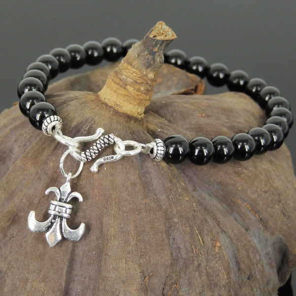 Men's Women Bright Black Onyx 925 Sterling Silver Bracelet Fleur de Lis Pendant Gemstone DiyNotion Handmade BR735_425