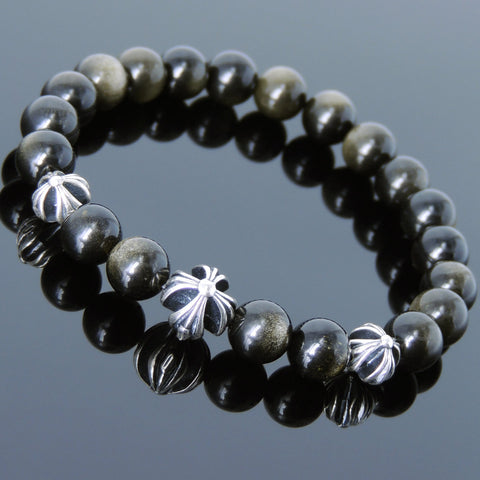Men's Women Bracelet with Golden Obsidian Sterling Silver Cross Beads DiyNotion Handmae BR746