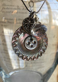 Vintage Carved Mother of Pearl Button Charm Necklace, Vintage Leaf Charm Silver Charm, Clear Glass Button, 22" Sterling Silver Chain, MCN139
