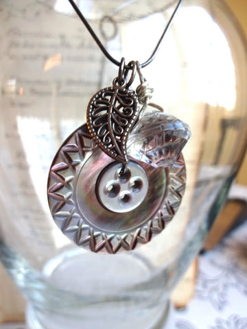 Vintage Carved Mother of Pearl Button Charm Necklace, Vintage Leaf Charm Silver Charm, Clear Glass Button, 22" Sterling Silver Chain, MCN139