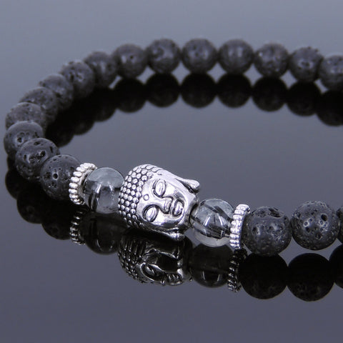 Lava Rock Black Rutilated Quartz Tibetan Silver Bracelet Buddha Yoga Mala for Men Women DiyNotion Handmade T127