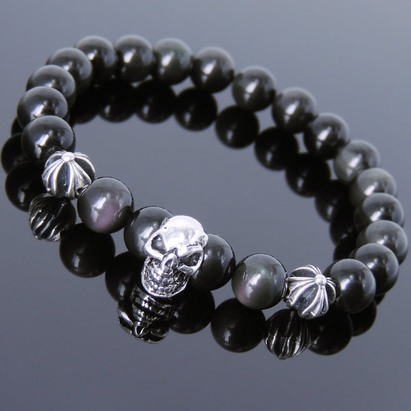 Men's Women Bracelet with Black Obsidian Sterling Silver Skull Cross Beads DiyNotion Handmae BR751
