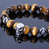 Men's Women Bracelet with Brown Tiger Eye Sterling Silver Skull Cross Beads DiyNotion Handmae BR752
