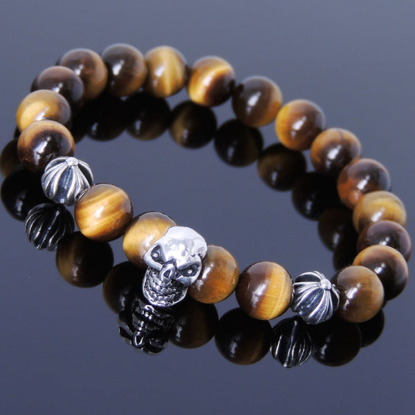 Men's Women Bracelet with Brown Tiger Eye Sterling Silver Skull Cross Beads DiyNotion Handmae BR752