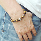 Men's Women Bracelet with Brown Tiger Eye Sterling Silver Skull Cross Beads DiyNotion Handmae BR752