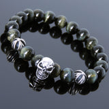 Men's Women Bracelet with Brown Blue Tiger Eye Sterling Silver Skull Cross Beads DiyNotion Handmae BR755