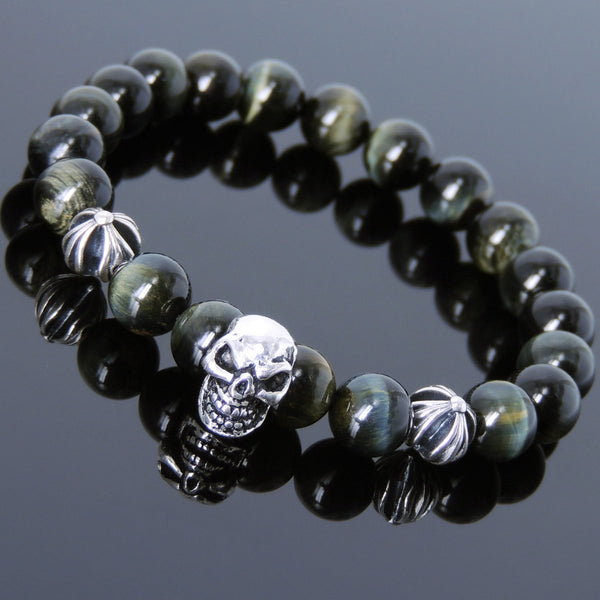 Men's Women Bracelet with Brown Blue Tiger Eye Sterling Silver Skull Cross Beads DiyNotion Handmae BR755