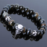 Men's Women Bracelet with Rare Mixed Blue Tiger Eye Sterling Silver Skull Cross Beads DiyNotion Handmae BR754