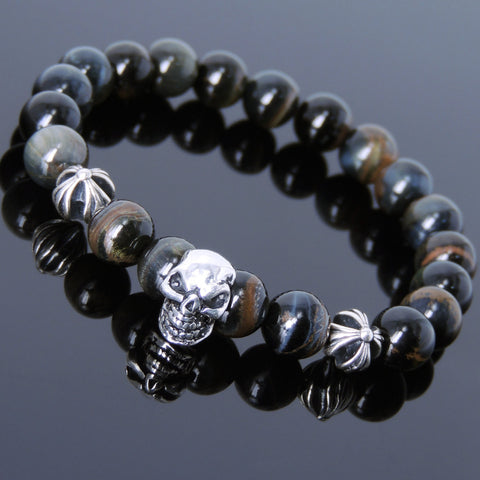 Men's Women Bracelet with Rare Mixed Blue Tiger Eye Sterling Silver Skull Cross Beads DiyNotion Handmae BR754