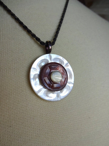 Vintage Carved Mother of Pearl Button Pendant Necklace, White MOP Buttons, Layered Button Necklace, 17" Oxidized Silver Chain, MPN151