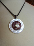Vintage Carved Mother of Pearl Button Pendant Necklace, White MOP Buttons, Layered Button Necklace, 17" Oxidized Silver Chain, MPN151