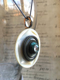 Vintage Carved Mother of Pearl Button Pendant Necklace, Rhinestone, Verdigris, Layered Button Necklace, 21" Vintage Silver Chain, MPN152
