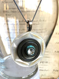 Vintage Carved Mother of Pearl Button Pendant Necklace, Rhinestone, Verdigris, Layered Button Necklace, 21" Vintage Silver Chain, MPN152