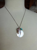 Vintage Carved Mother of Pearl Button Charm Necklace, Natural Seashell, Turquoise Nugget Bead, 18" Vintage Silver Chain, MPN153