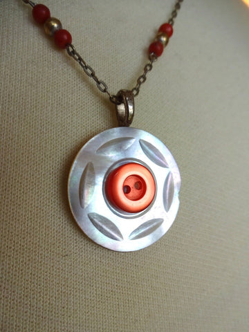 Vintage Mother of Pearl Button Pendant Necklace, Coral Buttonl, Layered Button Necklace, 18" Sterling Silver Chain, Coral Beads, MPN155