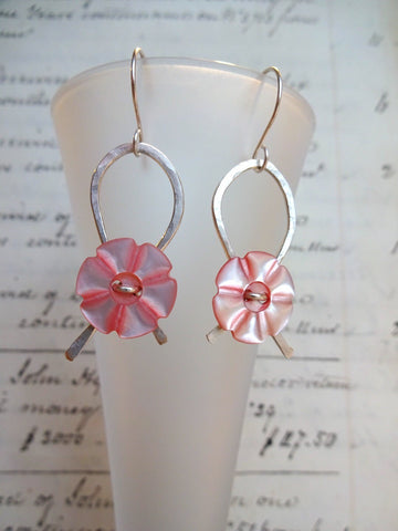 Mother of Pearl Button Earrings, Vintage Pink MOP Buttons, Hand Hammered Sterling Silver,  Hand Made Sterling Silver Ear Wires, MPE156