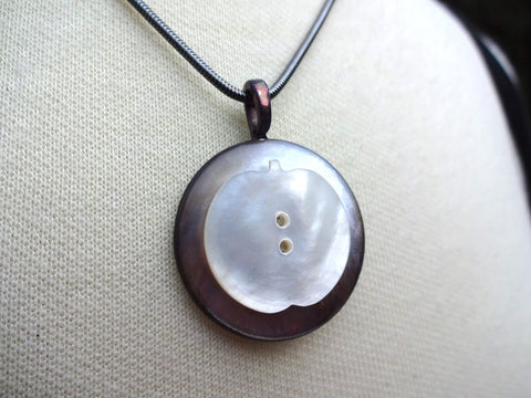 Apple Button Pendant Necklace, Handmade, Layered Button Necklace, Vintage Mother of Pearl MOP, Vintage Sterling Silver Snake Chain, MPN205