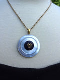 Vintage Mother of Pearl Button Pendant, MOP Antique Layered Button Necklace, Black Leather Covered Button, Brass Propeller Detail, MPN217