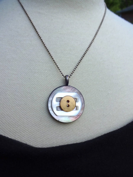 Handmade Vintage Mother of Pearl Button & Buckle Pendant Necklace, Antique White MOP Buckle, Sterling Silver Ball Chain, MPN212