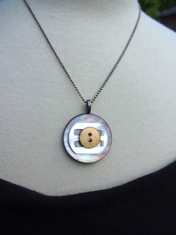 Handmade Vintage Mother of Pearl Button & Buckle Pendant Necklace, Antique White MOP Buckle, Sterling Silver Ball Chain, MPN212