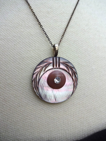 Rhinestone Button Pendant Necklace, Handmade Vintage Smoky Mother of Pearl Buttons, Vintage Sterling Silver Chain; Art Deco Necklace, MPN202