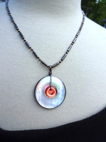Vintage Mother of Pearl Button Pendant, Red Button Detail, Oxidized Sterling Silver Bead & Bar Chain, MPN207