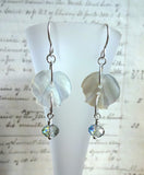 Vintage White Mother of Pearl Button Earrings, Flower MOP Buttons, Blue Crystal Bead Drops, Silver Ear Wires, MPE270