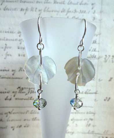 Vintage White Mother of Pearl Button Earrings, Flower MOP Buttons, Blue Crystal Bead Drops, Silver Ear Wires, MPE270