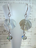 Vintage White Mother of Pearl Button Earrings, Flower MOP Buttons, Blue Crystal Bead Drops, Silver Ear Wires, MPE270