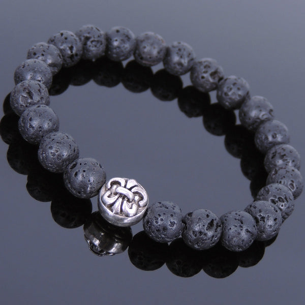Lava Rock Tibetan Silver Fleur de Lis Bracelet Yoga Mala for Men Women DiyNotion Handmade T134