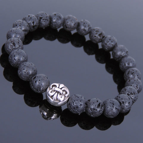 Lava Rock Tibetan Silver Fleur de Lis Bracelet Yoga Mala for Men Women DiyNotion Handmade T134