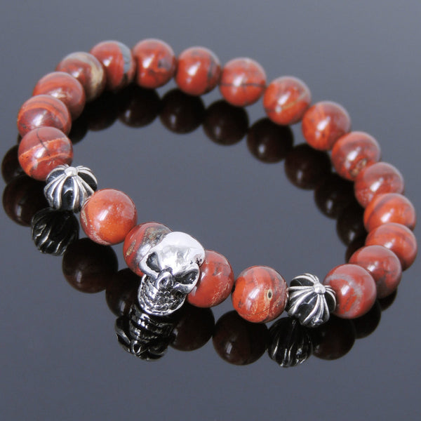 Men's Women Bracelet with Red Jasper Stone Sterling Silver Skull Cross Beads DiyNotion Handmae BR757