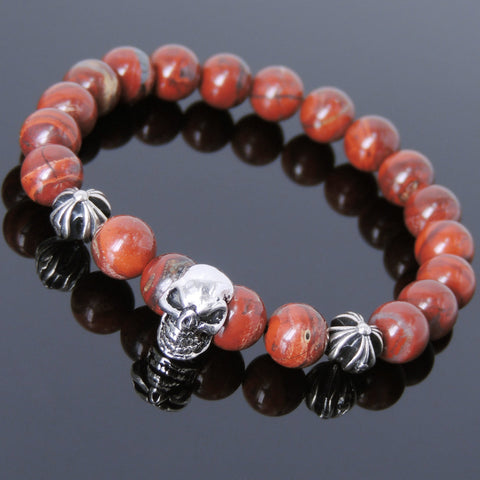 Men's Women Bracelet with Red Jasper Stone Sterling Silver Skull Cross Beads DiyNotion Handmae BR757