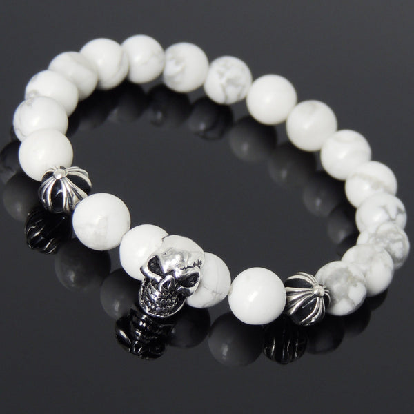 Men's Women Bracelet with White Howlite Sterling Silver Skull Cross Beads DiyNotion Handmae BR758