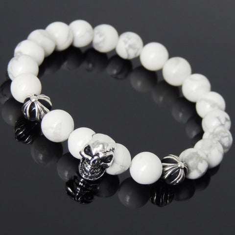 Men's Women Bracelet with White Howlite Sterling Silver Skull Cross Beads DiyNotion Handmae BR758