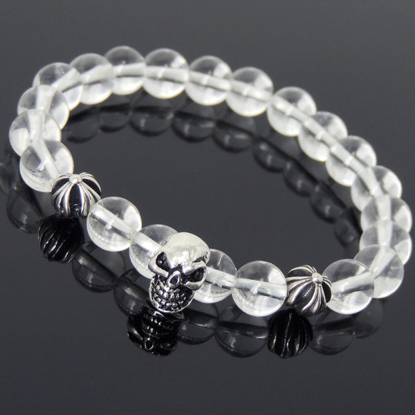 Men's Women Bracelet with White Crystal Sterling Silver Skull Cross Beads DiyNotion Handmae BR759