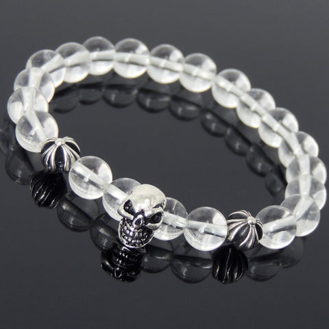 Men's Women Bracelet with White Crystal Sterling Silver Skull Cross Beads DiyNotion Handmae BR759