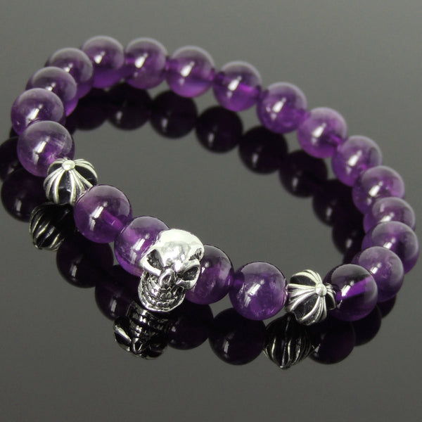 Men's Women Bracelet with Amethyst Sterling Silver Skull Cross Beads DiyNotion Handmae BR762