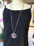 Vintage MOP Button Pendant Necklace, Mother of Pearl, Layered Button Necklace, 35" Silver Chain, Rhinestone Pink Button, MPN157