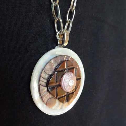 Vintage MOP Button Pendant Necklace, Mother of Pearl, Layered Button Necklace, 35" Silver Chain, Rhinestone Pink Button, MPN157