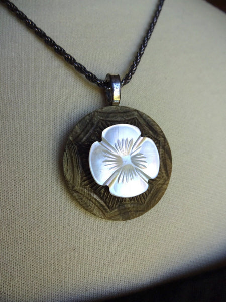 Vintage Carved Mother of Pearl White Button Pendant, Art Deco Pendant, MOP Flower, Pressed Celluloid Button, Sterling Silver Chain, MPN216
