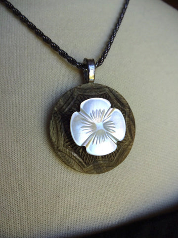 Vintage Carved Mother of Pearl White Button Pendant, Art Deco Pendant, MOP Flower, Pressed Celluloid Button, Sterling Silver Chain, MPN216